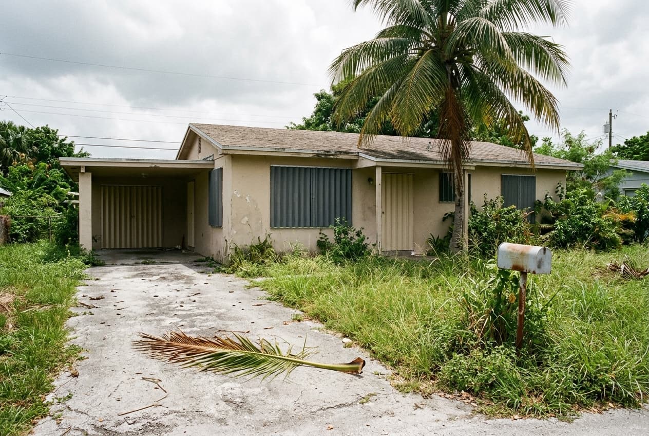 A shuttered Miami-Dade house with an untended yard, waiting on an owner far away