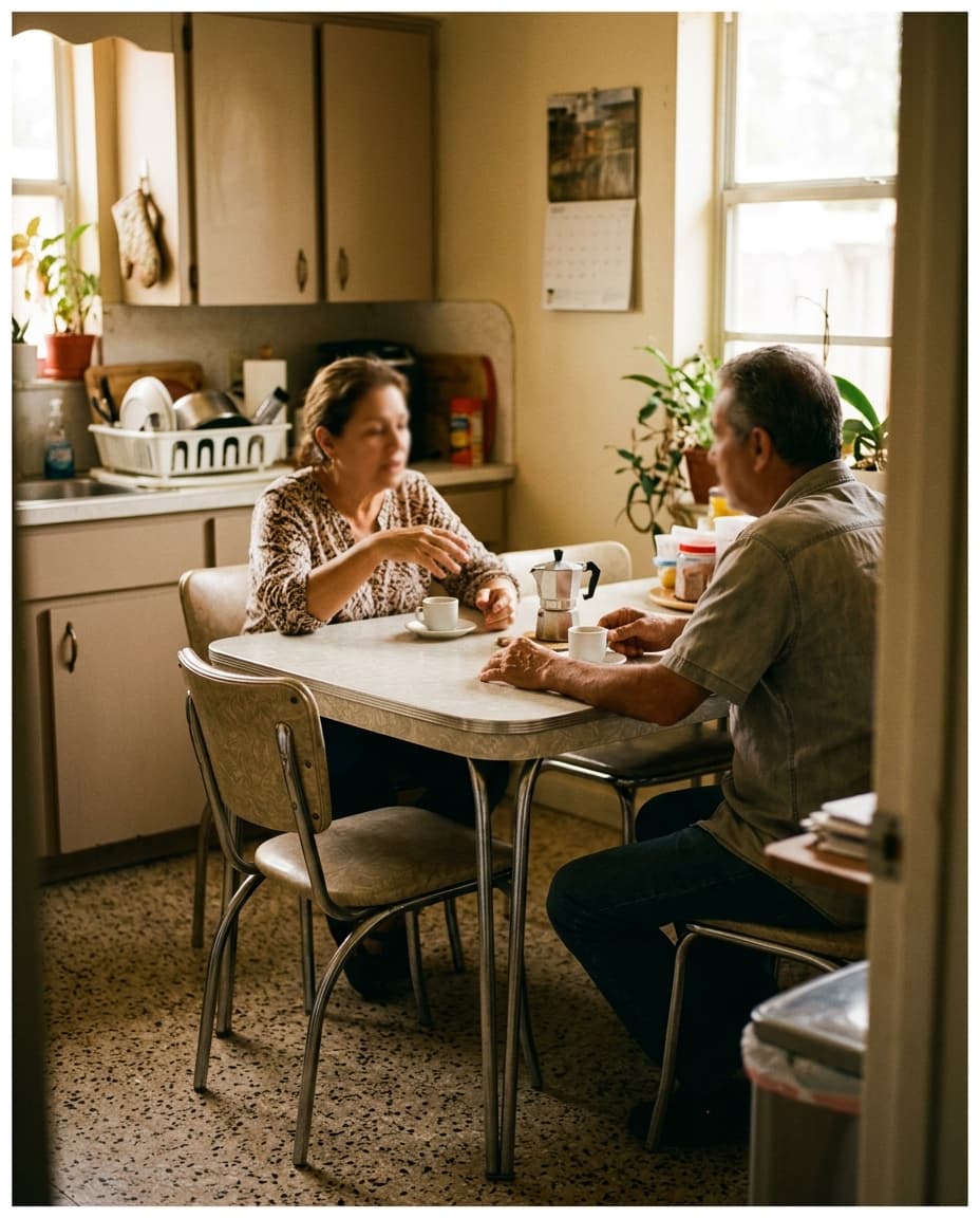 A kitchen-table conversation over cafecito in a Miami home.