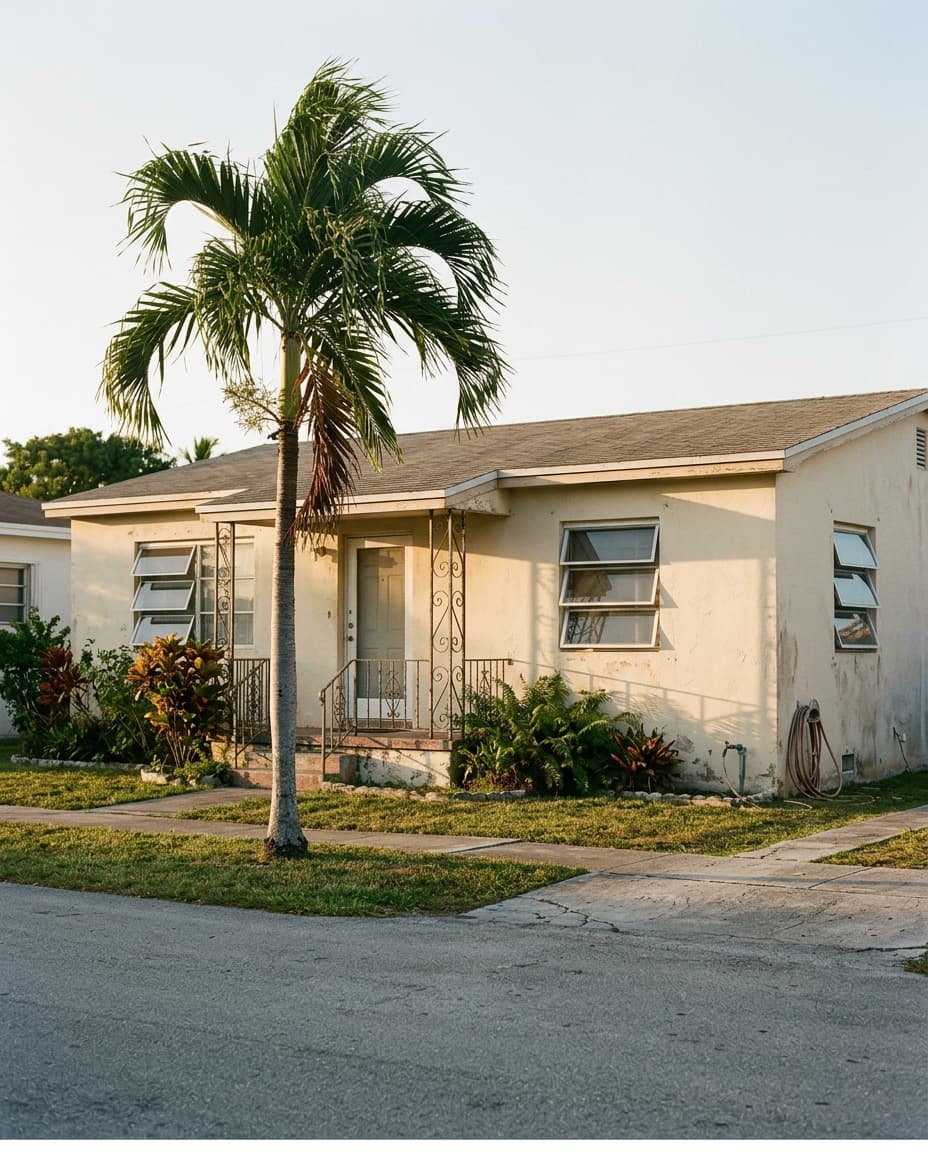 The front of a modest Miami-Dade home, royal palm out front, late golden light.
