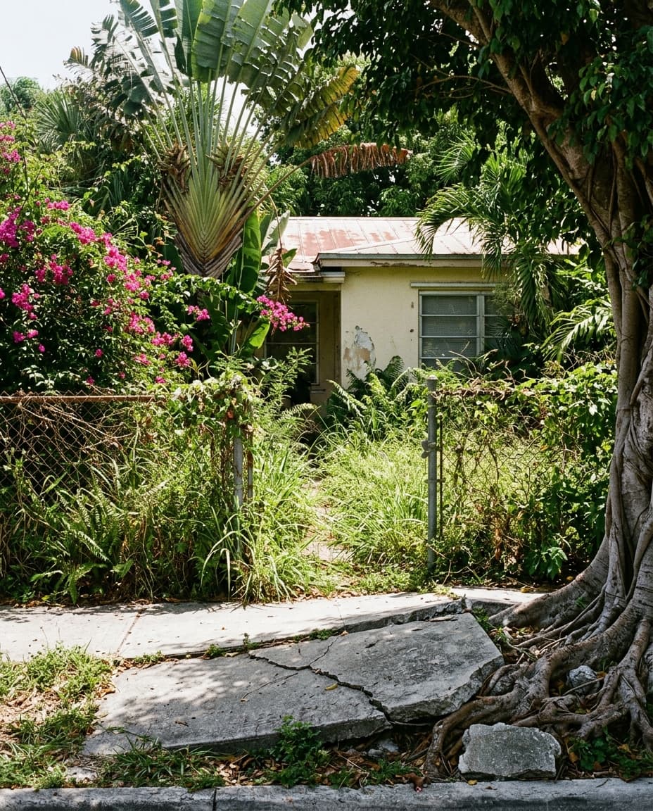 An overgrown Miami-Dade front yard, bougainvillea over the fence, midday sun.