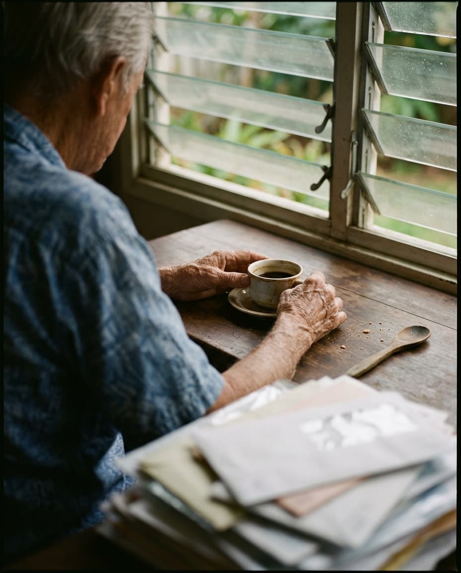 A homeowner at the kitchen table with cafecito, tax envelopes set aside.